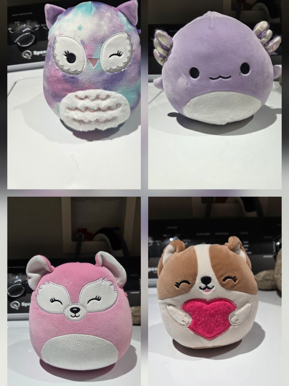 Squishmallow Bundle - Pastel Owl, Purple Axolotl, Pink Fox, Heart Puppy